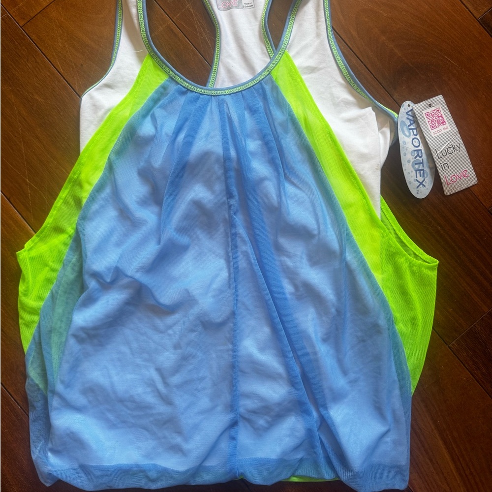 Lucky in Love Blue and Green Women's Top with mesh overlay